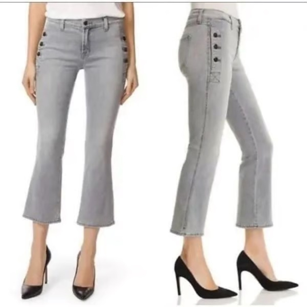 J Brand Gray Zion Cropped Bootcut Jeans with Button Detail